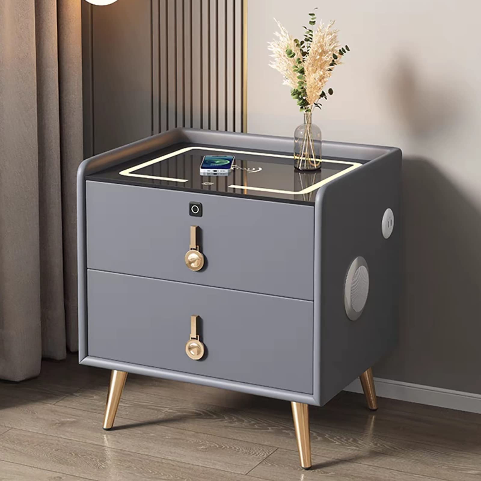 Comodino Moderno Con LED Multicolori, USB E Prese – 1 Cassetto E Ripiani, 35x25x66 Cm