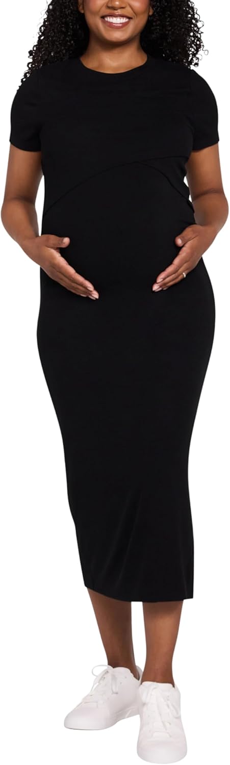 Motherhood Maternity Womens Short Sleeve Crew Neck Cross-Over Nursing Dress for Breastfeeding with Easy Access