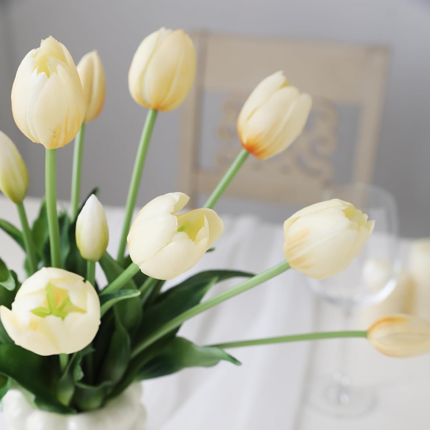 15 Pcs Off White Artificial Flowers Tulips Latex Plastic Soft Faux Bouquets for Party, Wedding, Home, Room, Garden Decor - Image 8