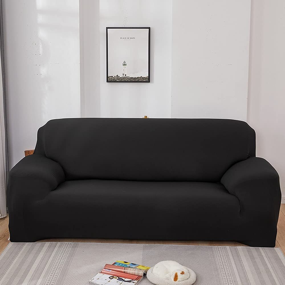 Copridivano con penisola Impermeabile, Copridivano angolare Elasticizzato a Forma di L Tinta Unita Tessuto in Microfibra, Antiscivolo Universale all-Inclusive (Black,3 Seater And 2 Seater)