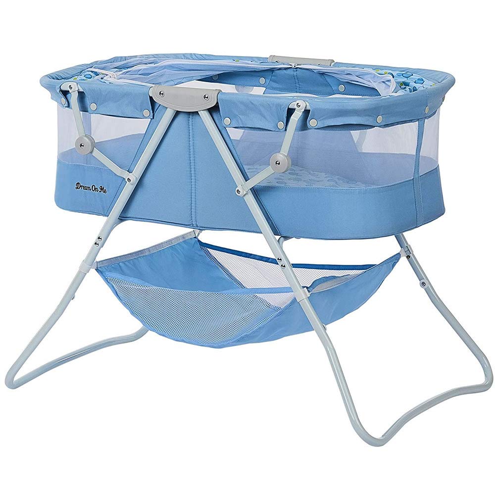 Karley Bassinet in Light Blue, Lightweight Portable Baby Bassinet, Quick Fold and Easy to Carry, Adjustable Double Canopy, Indoor and Outdoor Bassinet with Large Storage Basket.