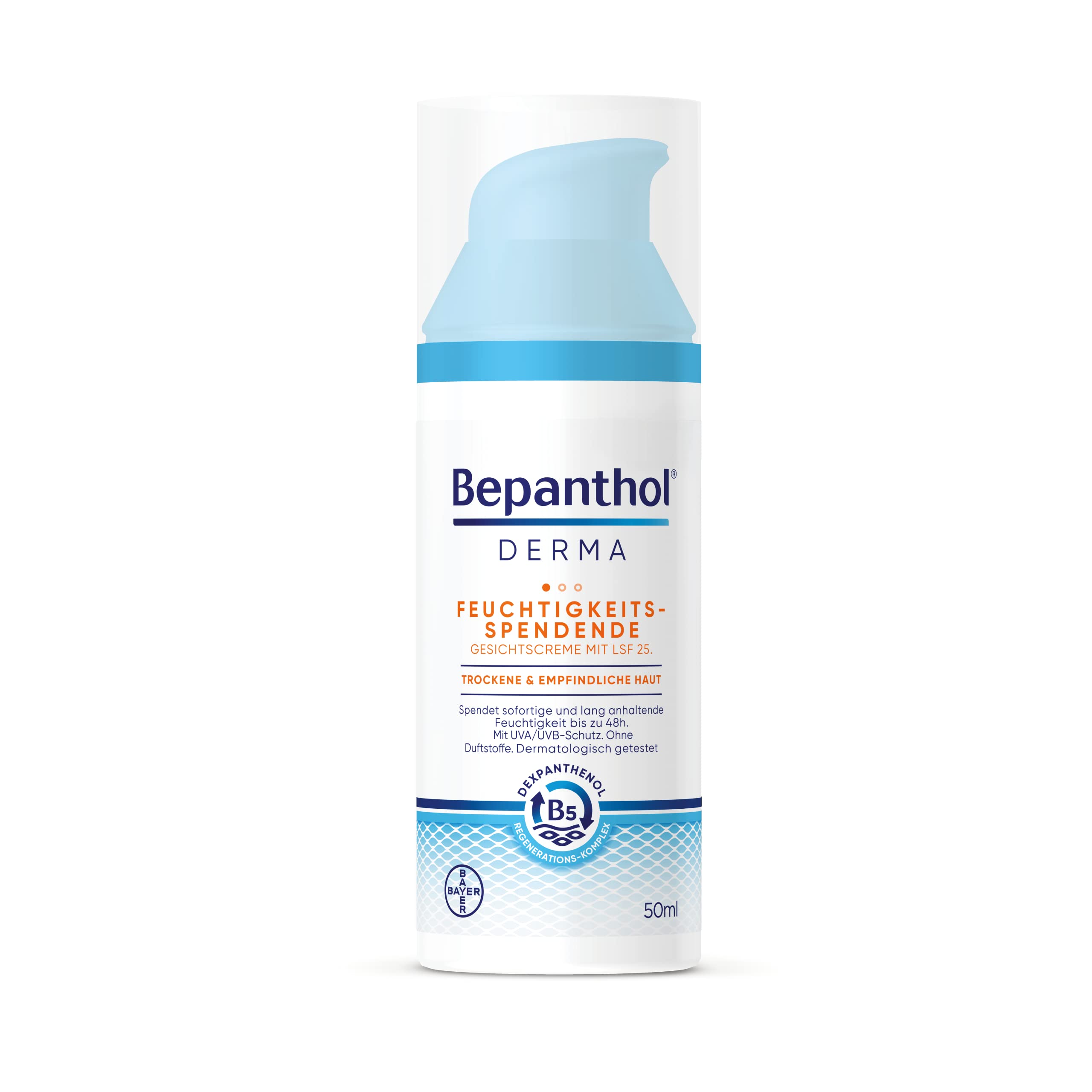 Bepanthol DERMA Feuchtigkeitsspendende Gesichtscreme mit LSF 25, Gesichtspflege für empfindliche und trockene Haut, dermatologisch getestet, mit Dexpanthenol, nicht-komedogene 50 ml Pumpflasche