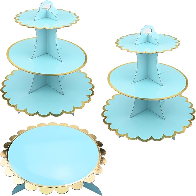 3 Pack Cardboard Cupcake Stand, 3 Tier Dessert Tower and 1Tier Cake Stand for Birthday, Baby Shower, Wedding, Party, Dessert Stand Round Tower, Display Stand for Cakes (Round Blue)