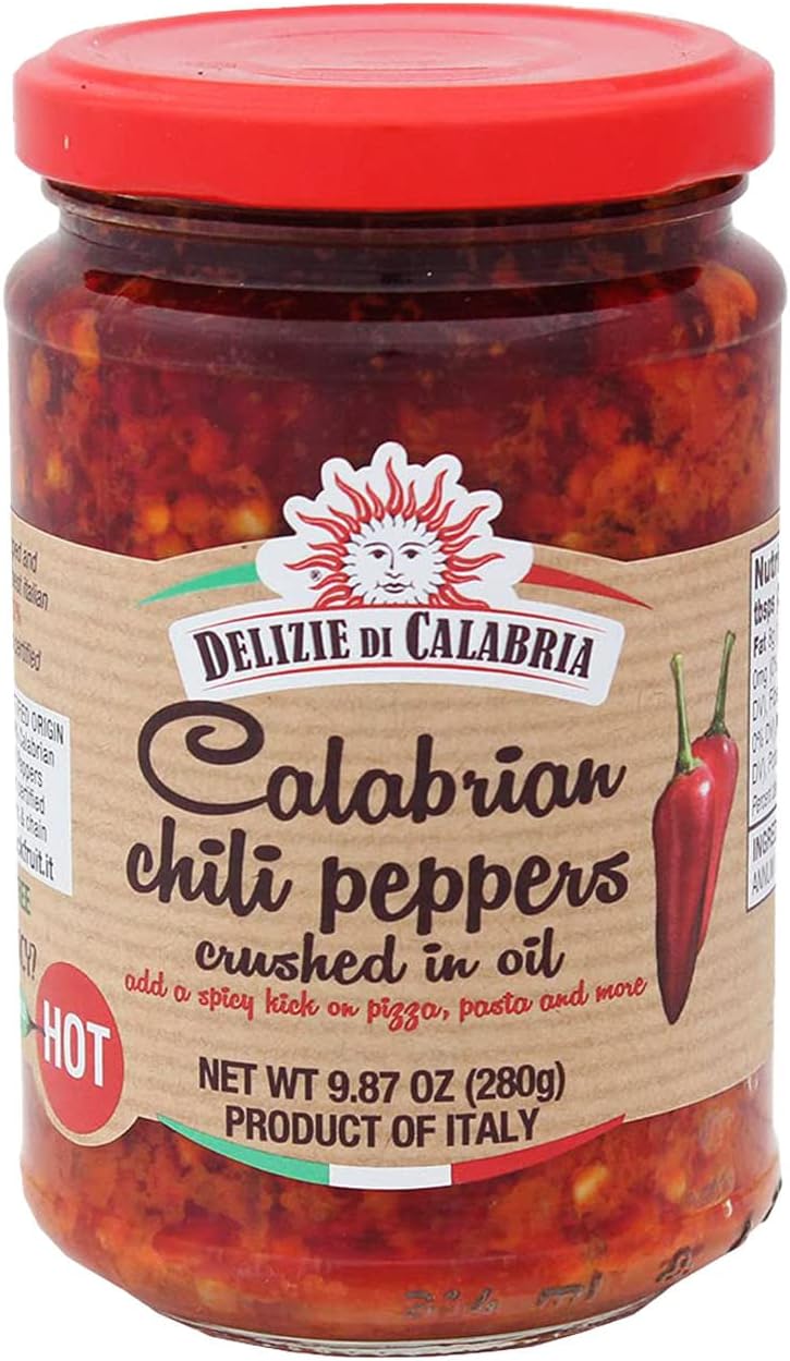 Calabrian Chili Peppers Crushed In Oil | Spicy Italian Seasoning Made with Red Hot Chili Paste - Authentic Italian Gourmet Dip Sauce & Condiment for Pizza, Pasta, Salads & Bread Recipes, 9.87 oz