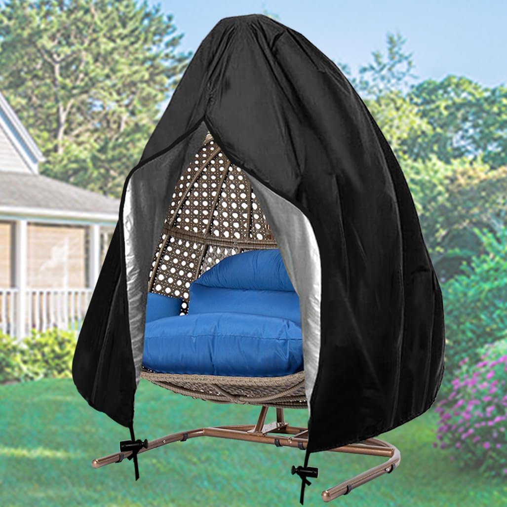Double Seat Egg Chair Cover Waterproof Patio Wicker Swing Chair Covers with Zipper Outdoor 2 Person Hanging Garden Egg Chair Cover 91" H x 80" D, Black