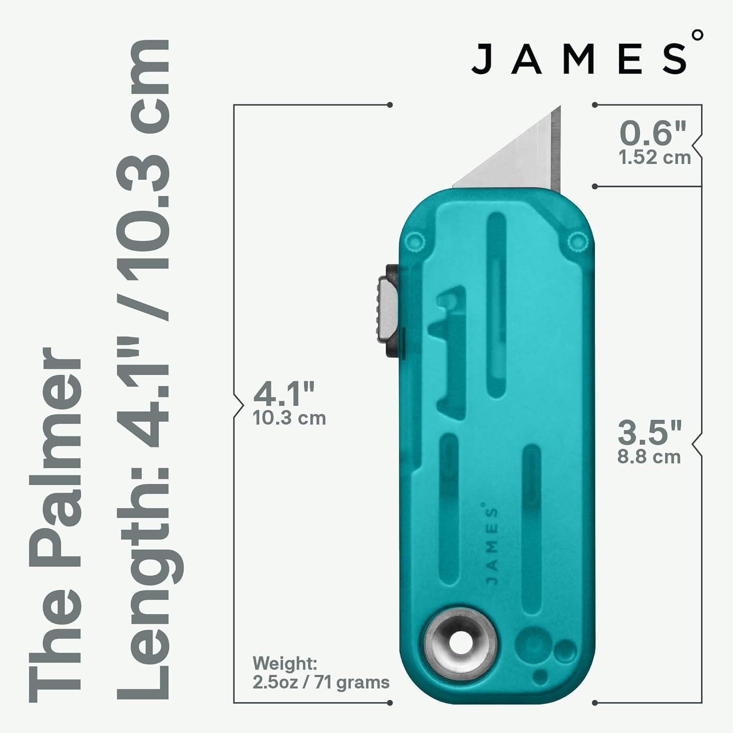JAMES° The Palmer Clear Utility Knife, 100% Recycled PCTG Handles, Buttery Smooth Action, Refined Tool Free Blade Changes, Turquoise Grip