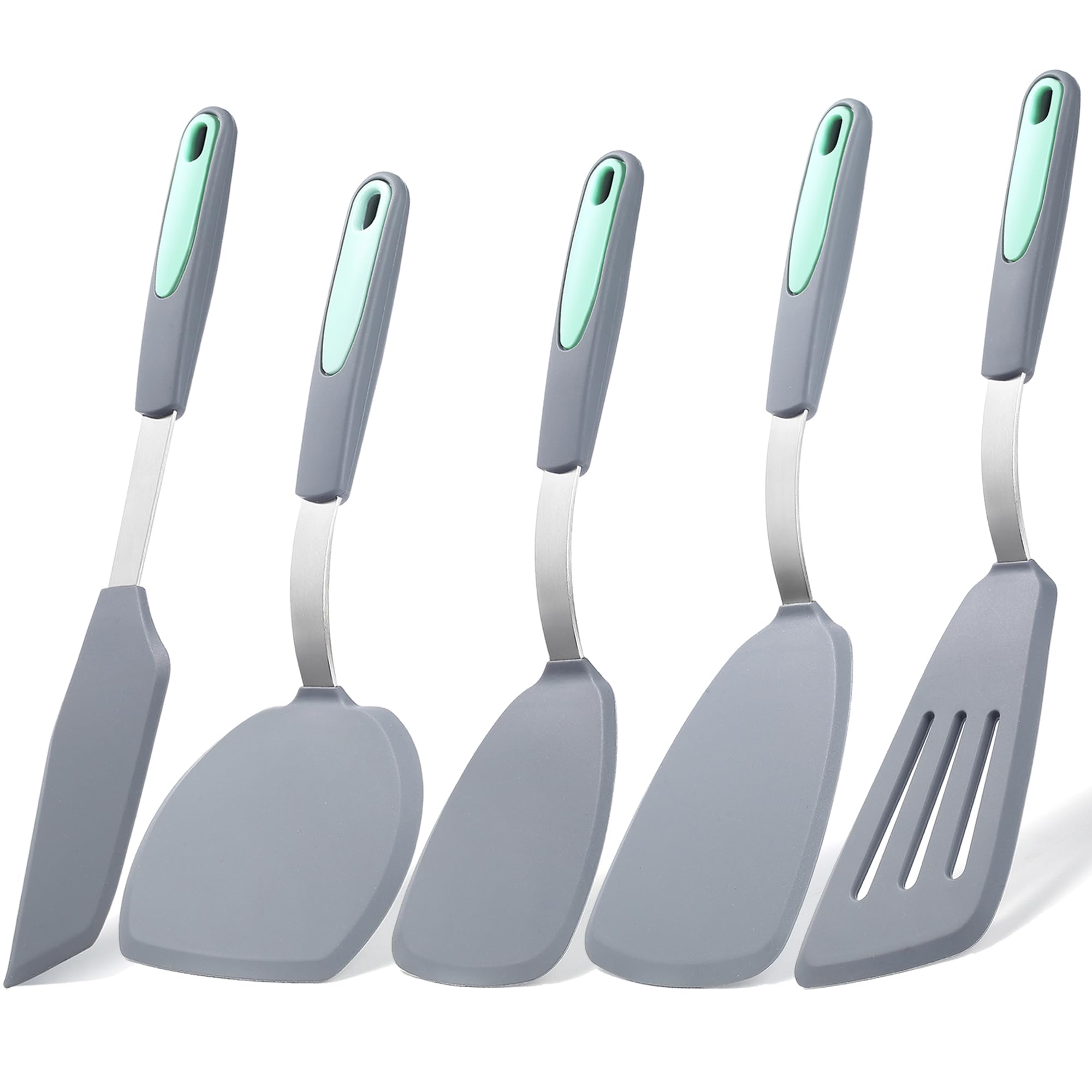5 Pieces Silicone Spatula Set, BPA Free Silicone Turner Spatulas, Heat Resistance Durable Cooking Utensils, Flip Turner for Fish, Egg, Pancake, Light Grey