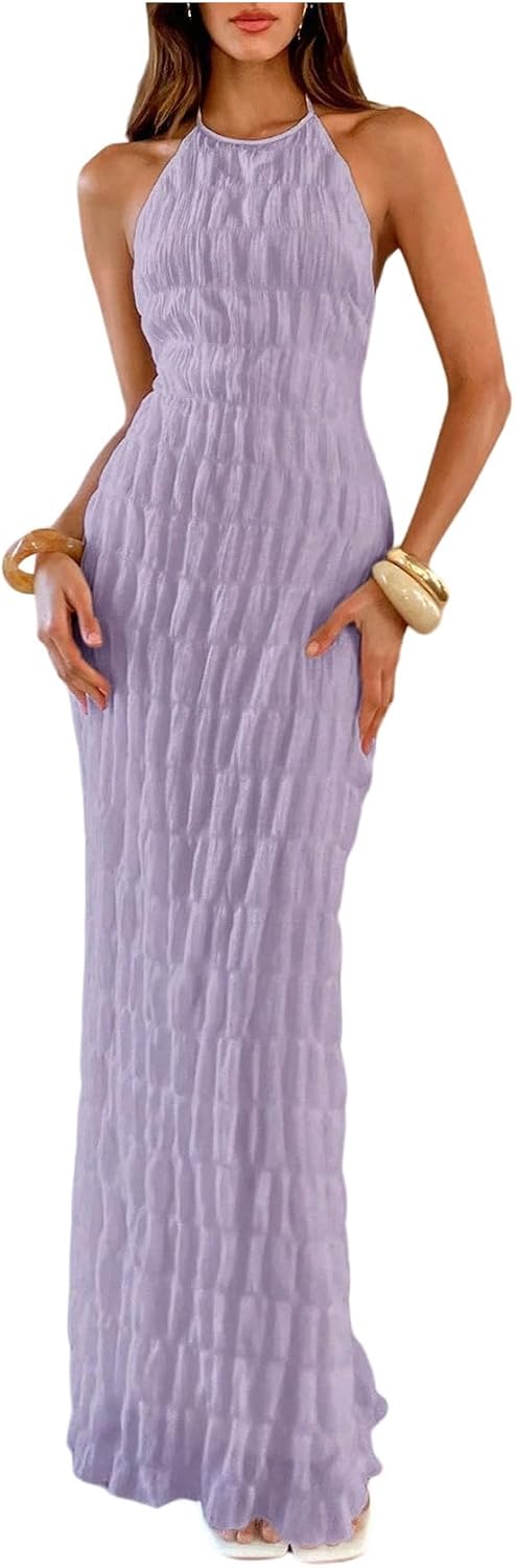 GORGLITTER Women's Backless Halter Maxi Dress Ruched Sleeveless Tiered Ruffle Wedding Guest Long Dresses