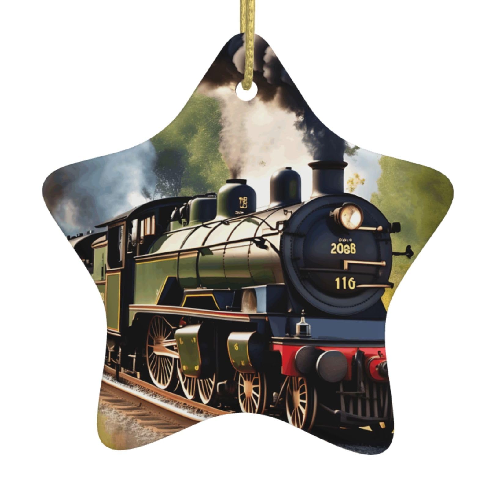 Nbtghga White Steam Little Train Print Christmas Ornaments, Ceramic Hanging Ornament, Round Shape Decorations