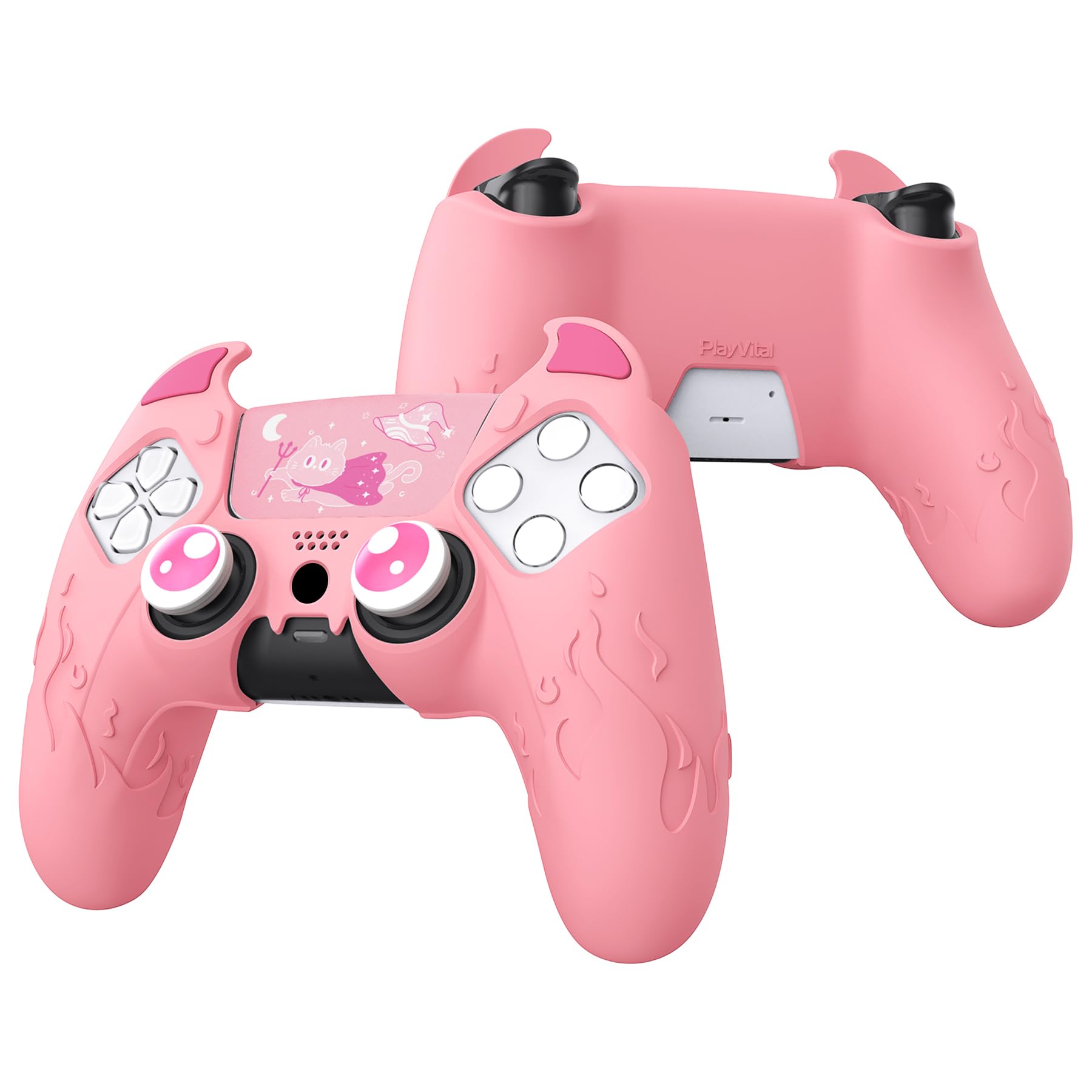 PlayVital Protection Manette pour ps5 Coque Housse Silicone avec Capuchon pour ps5 Joystick Grip et Sticker Pavé Tactile,Cover Skin Compatible avec Station de Charge,Cute Demon-Rose