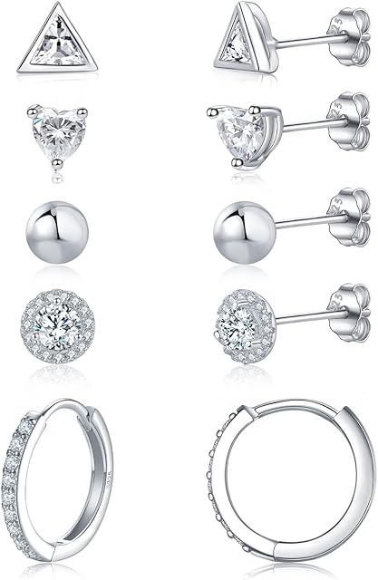 Silver Stud Earrings Hoop Earring Set for Women 925 Sterling Silver Post Small Piercings Earrings Cubic Zirconia Earrings CZ Huggie Sleeper Hoops Cartilage Earrings Jewellery Gift for Girls