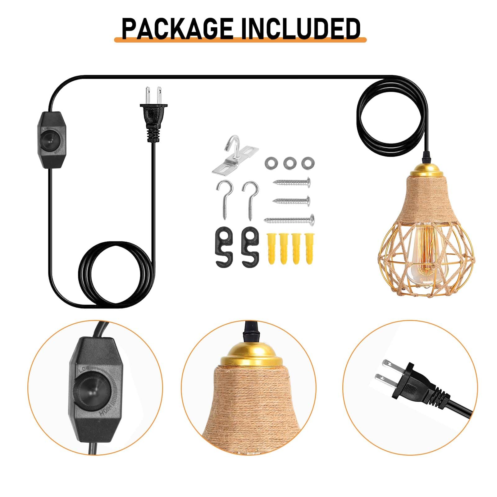 Karpevta Hanging Lamp Gold Woven Plug in Pendant Light Farmhouse Hanging Lights with Switch & 16.4ft Cord Wicker Hanging Lamp for Kitchen Island Bedroom Sink Living Room