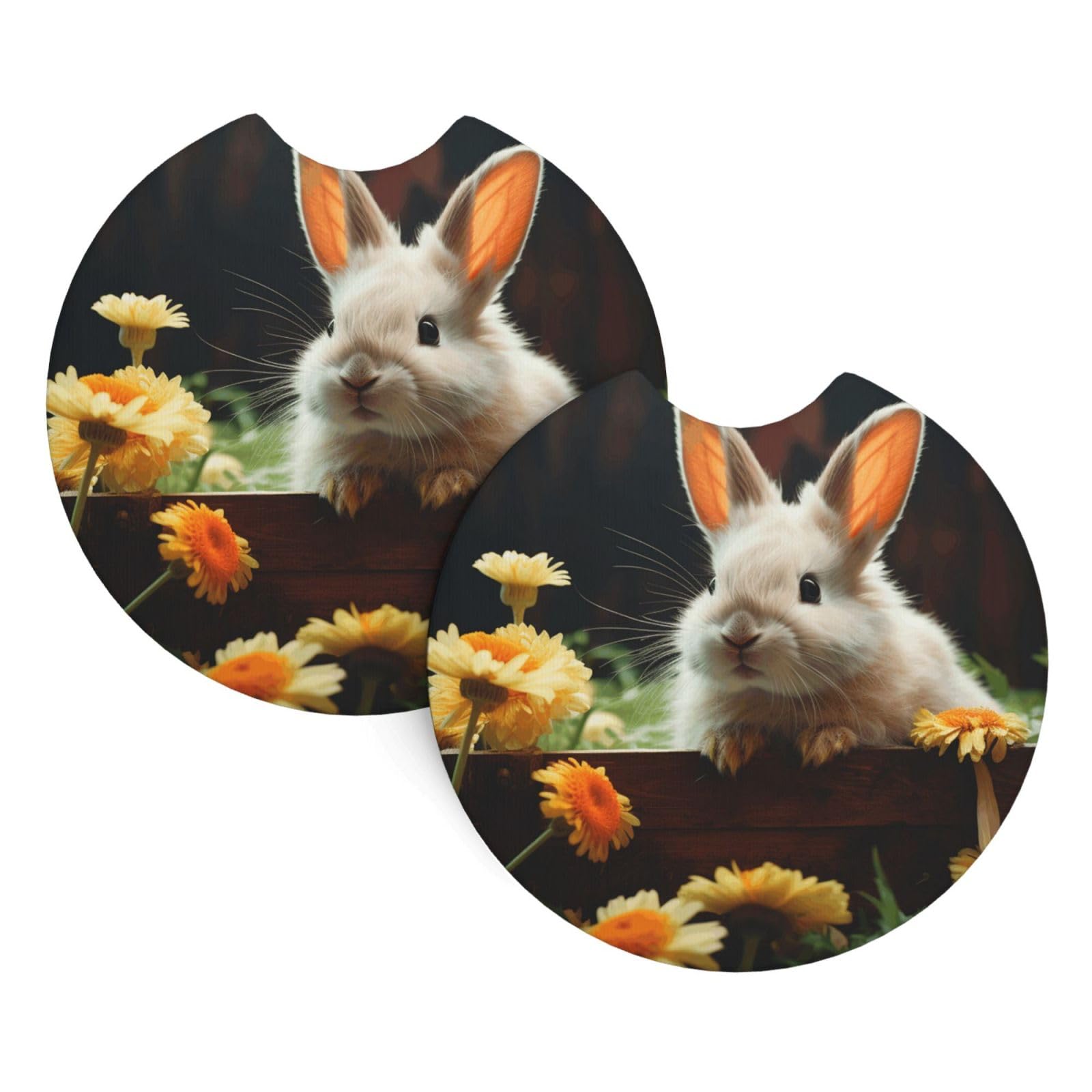 2PCS Car Coaster for Cup Holders Universal Auto Cup Mat Rabbit and Flower Cup Coaster Pad 2.7" Waterproof Neoprene Non-Slip Cup Holder Coasters Car Interior Accessories for Women Men