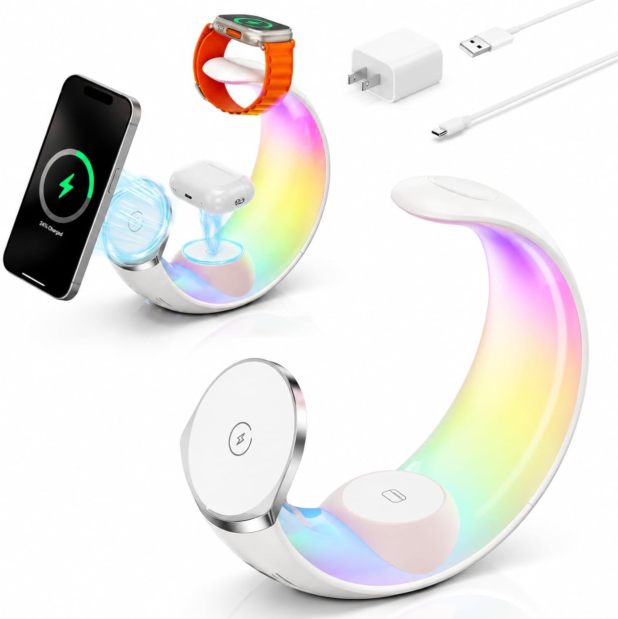 4-in-1 Magnetic Wireless Charger, RGB Night Light Moon Stand for iPhone