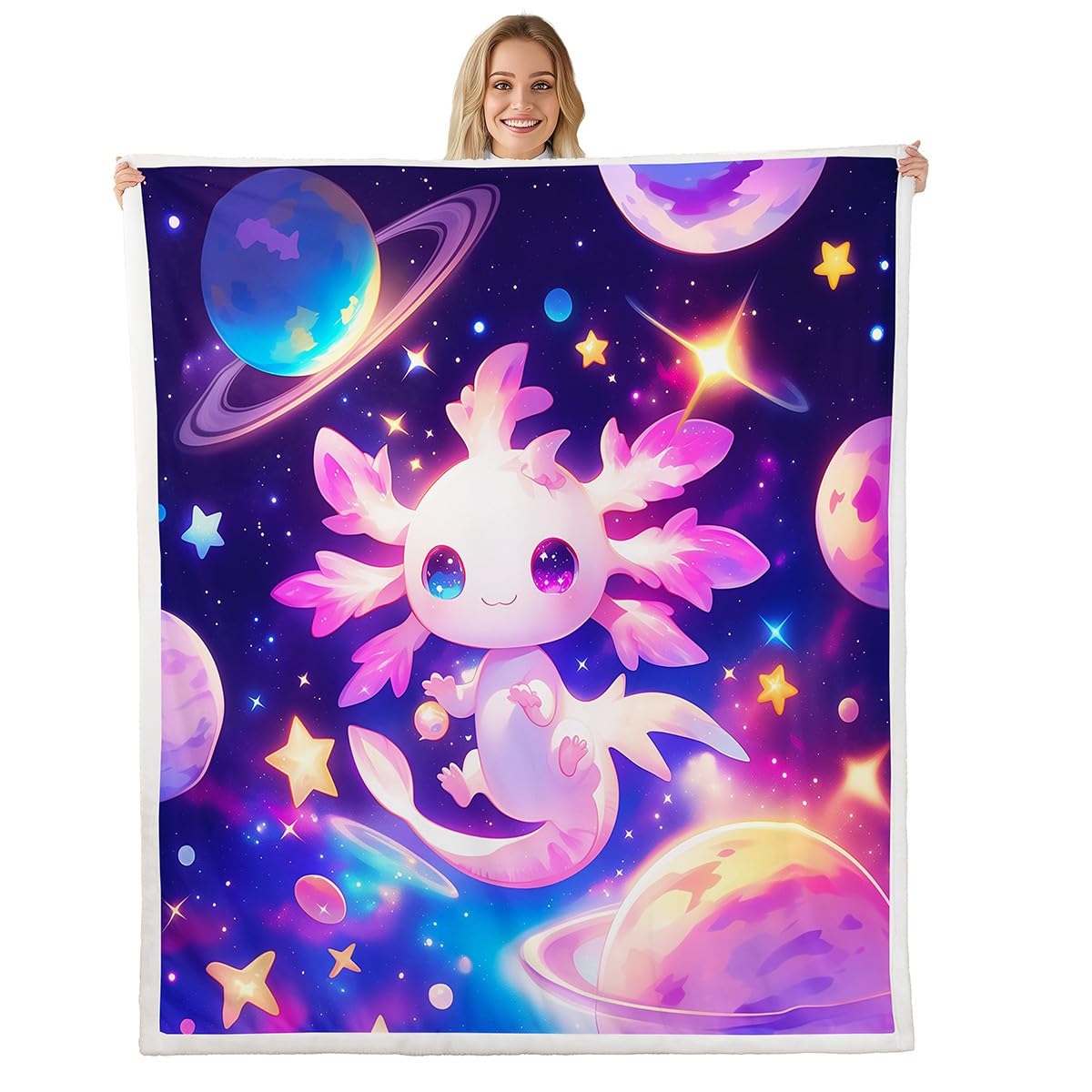 Axolotl Fleece Blanket Throw 50"X60" For Kids Boys Girls,Galaxy Planet Space Sherpa Blanket Cartoon Animal Throw Blanket Purple Dreamy Starry Fuzzy
