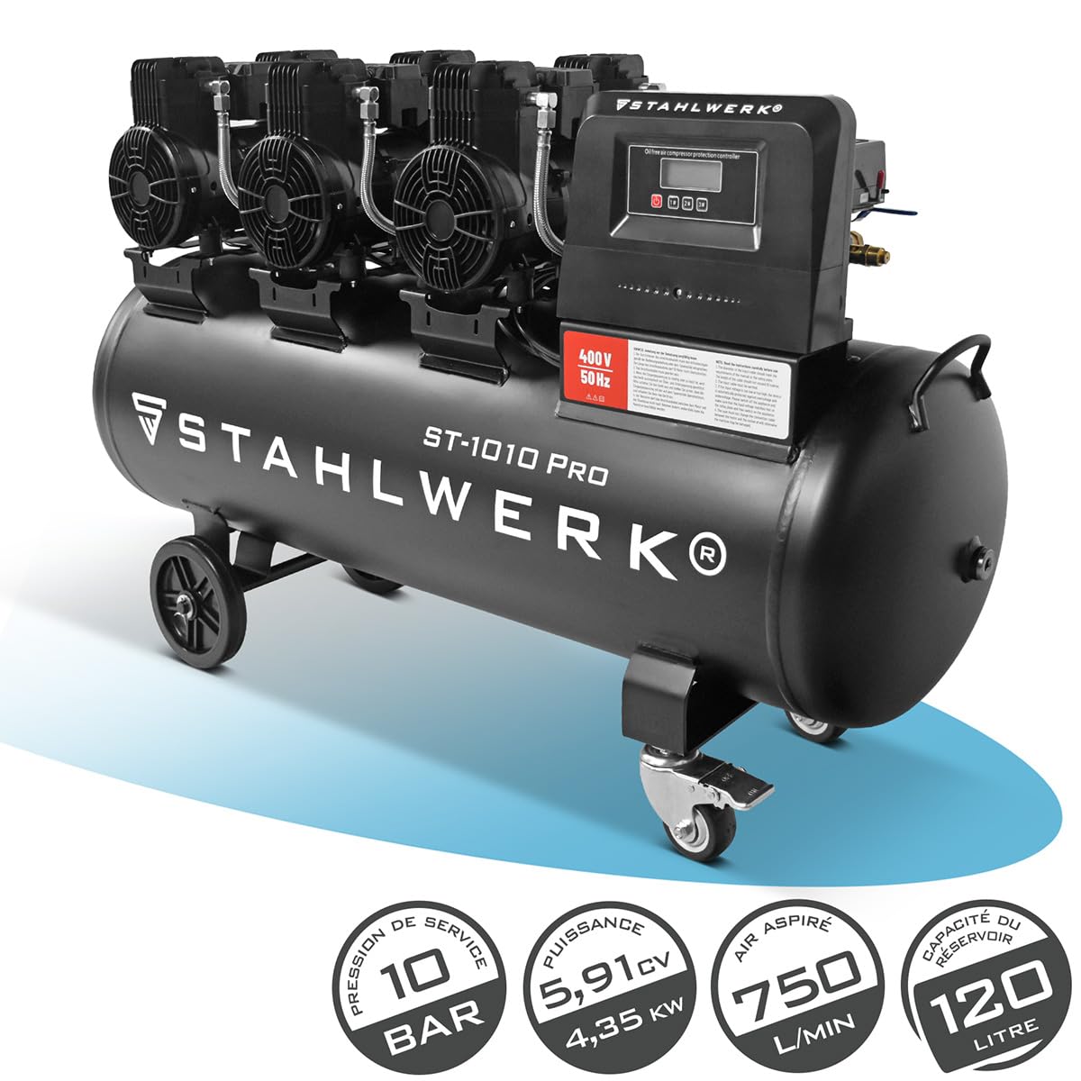 STAHLWERK Compresseur d’air 120 L (ST-1010 Pro) – sans huile & silencieux