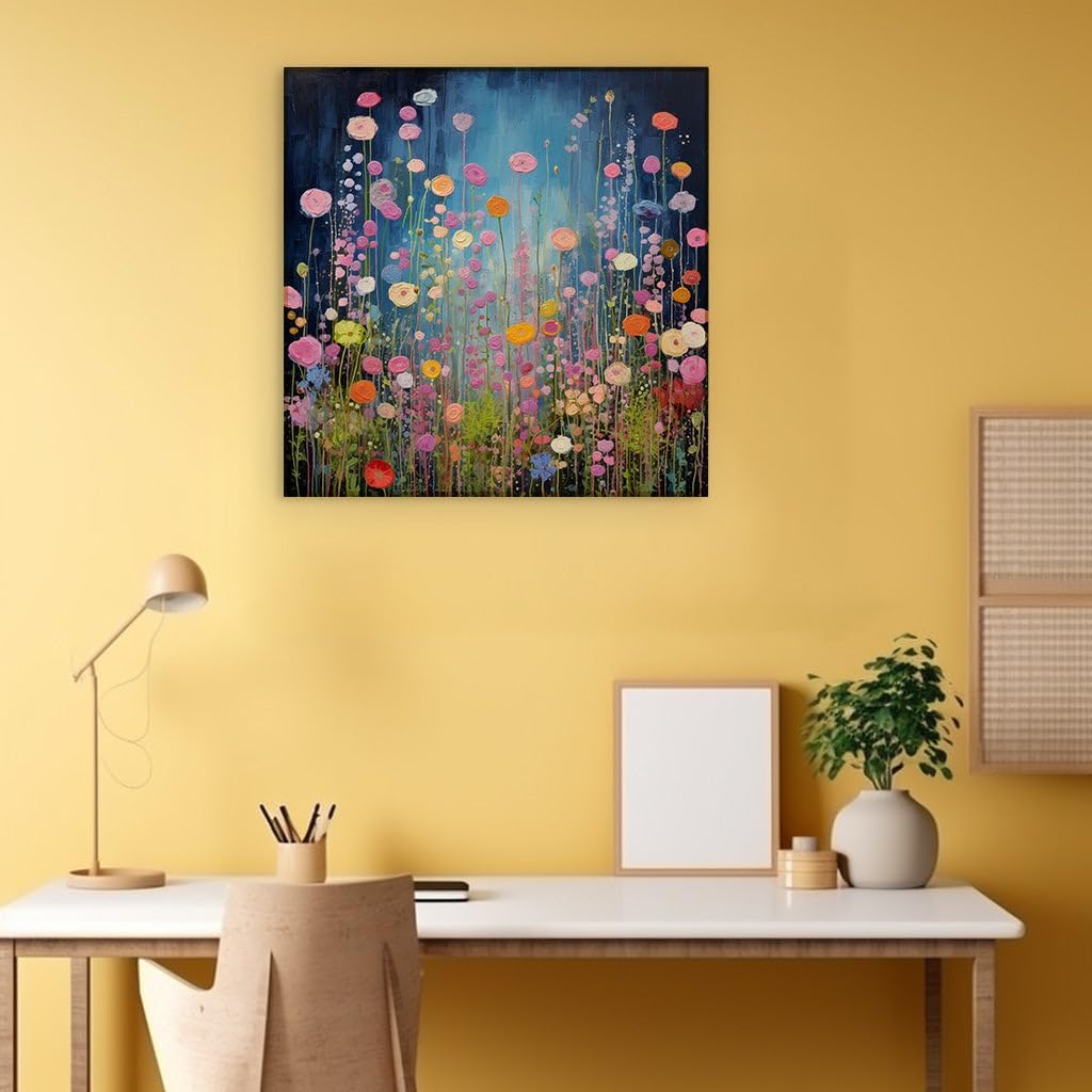 Canvas for Living room. Blooming Brilliance � A Vivid Dance of Abstract Florals Against the Midnight Blue, 27 x 18 inch Canvas Wall Art - Contemporary Masterpieces - Modern Home Decor