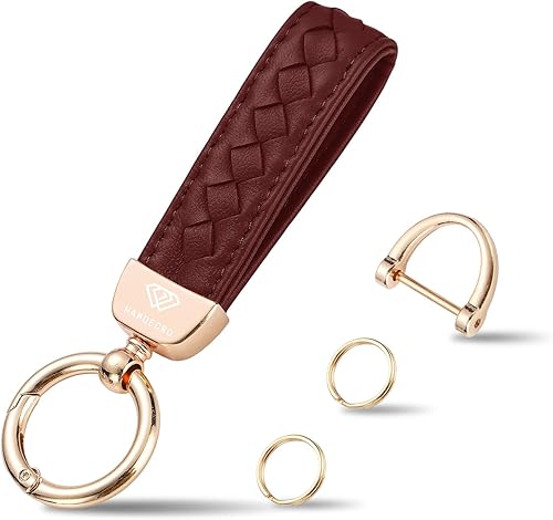 Miniatura 17 de Llaveros de cuero genuino, llaves de coche de piel de oveja tejidas a mano para mujeres, soporte universal para llavero con rotación de 360 grados