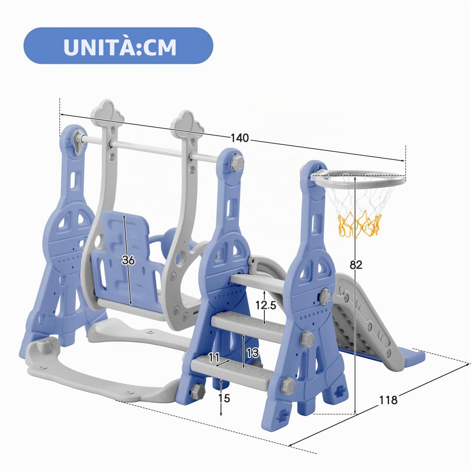 Scivolo a dondolo 4 in 1 per bambini, altalena con scivolo, con supporto da basket, scala (blu)