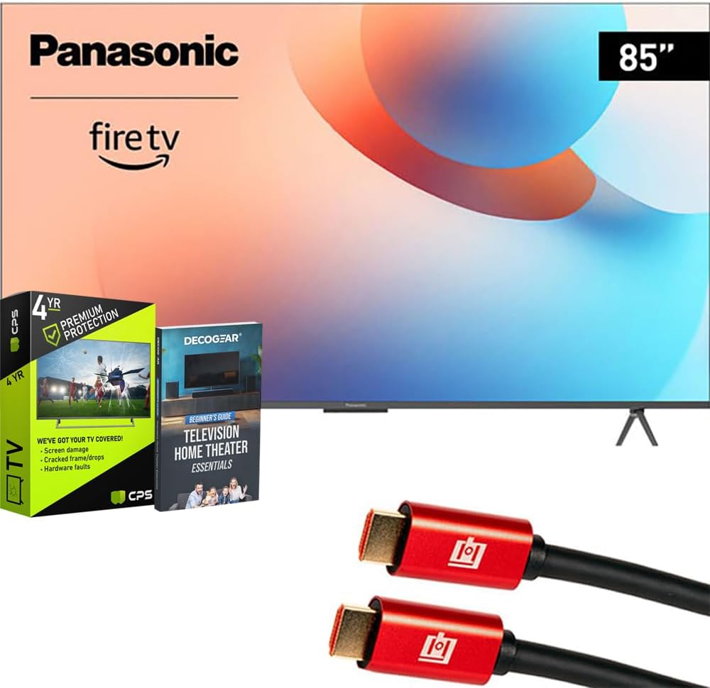 Panasonic TV-85W95AP W95 85 inch Mini LED 4K Ultra HD Smart Fire TV (2024) Bundle with 4 YR CPS Enhanced Protection, 2X 4K HDMI Cable & Deco Gear Complete Home Theater Beginner's Guidebook