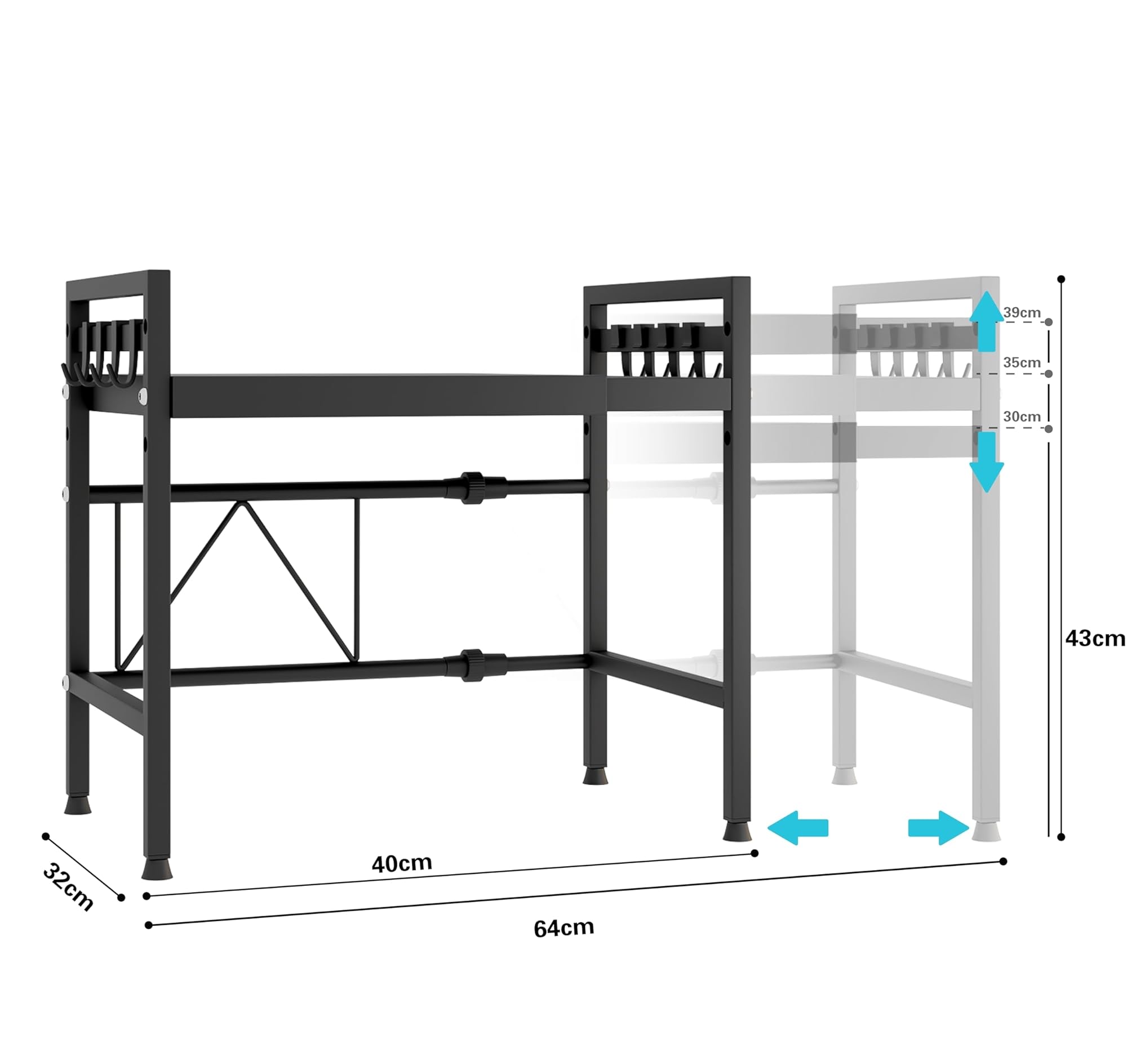 Estante Ajustable para Microondas de Cocina, Soporte de 2 Niveles para Microondas de Cocina, Acero al Carbono de Pie para Microondas, Organizador para Freidora de Aire con 8 Ganchos, Gris