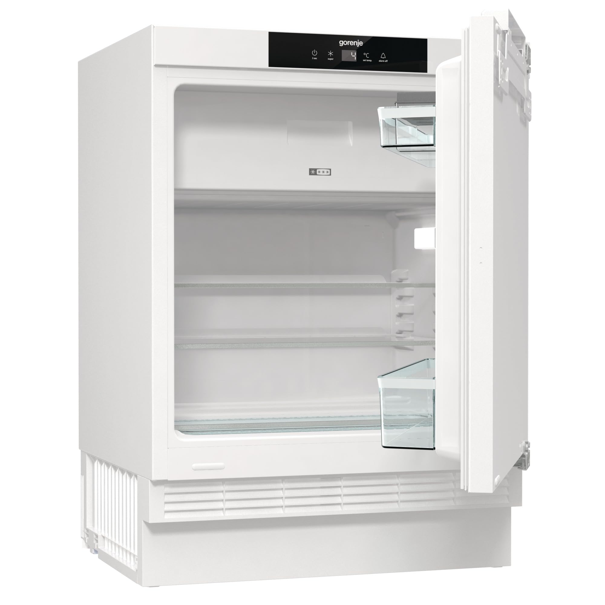 Gorenje RBIU609EA1 Unterbau-Tischkühlschrank,82cm Nische, 60cm Breite mit Gefrierfach, Festtürscharnier, 121 L(104 plus 17L), SuperCool, Digitale Display, BxHxT: 59,5×81,8×54,5 cm,Weiß