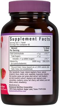 Bluebonnet Nutrition Earth Sweet Vitamin B12 5000 mcg أقراص للمضغ ، خالية من الصويا ، خالية من الغلوتين ، معتمدة من Kosher ، خالية من منتجات الألبان ، نباتي ، بنكهة التوت ، 60 قرصًا قابل للمضغ ، 60 حصة