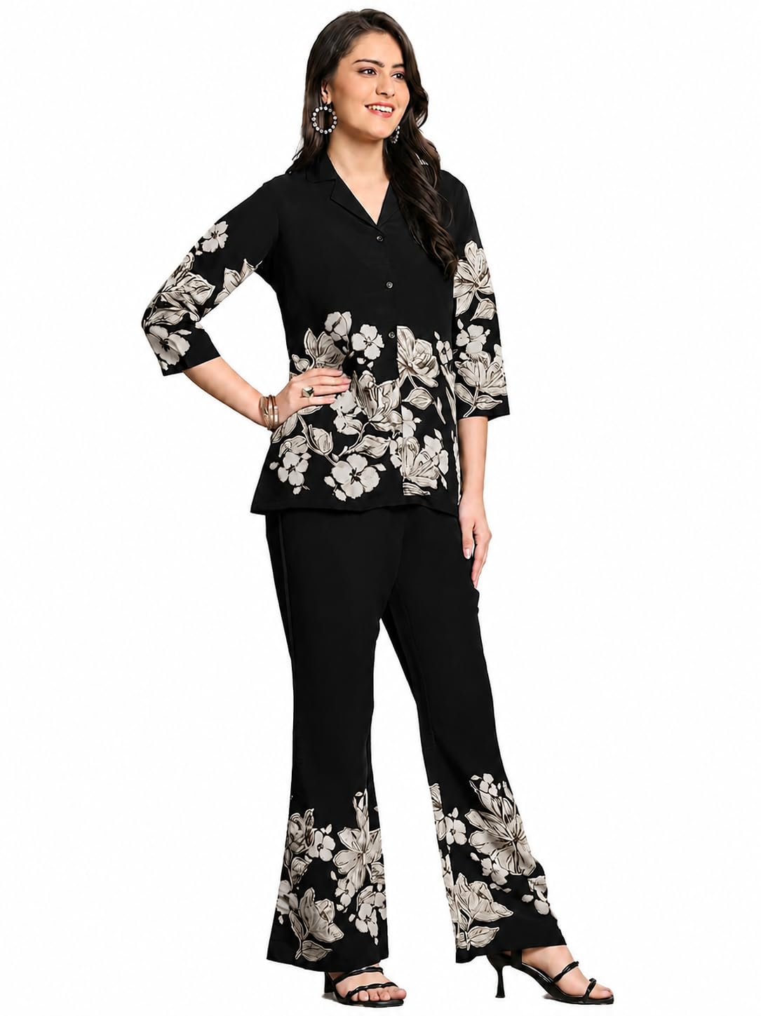 Women Floral Coord Set | Printed Co Ord Set | Soft Lightweight Breathable Fabric | Shirt Collar Top with Palazzo Pants-image-21