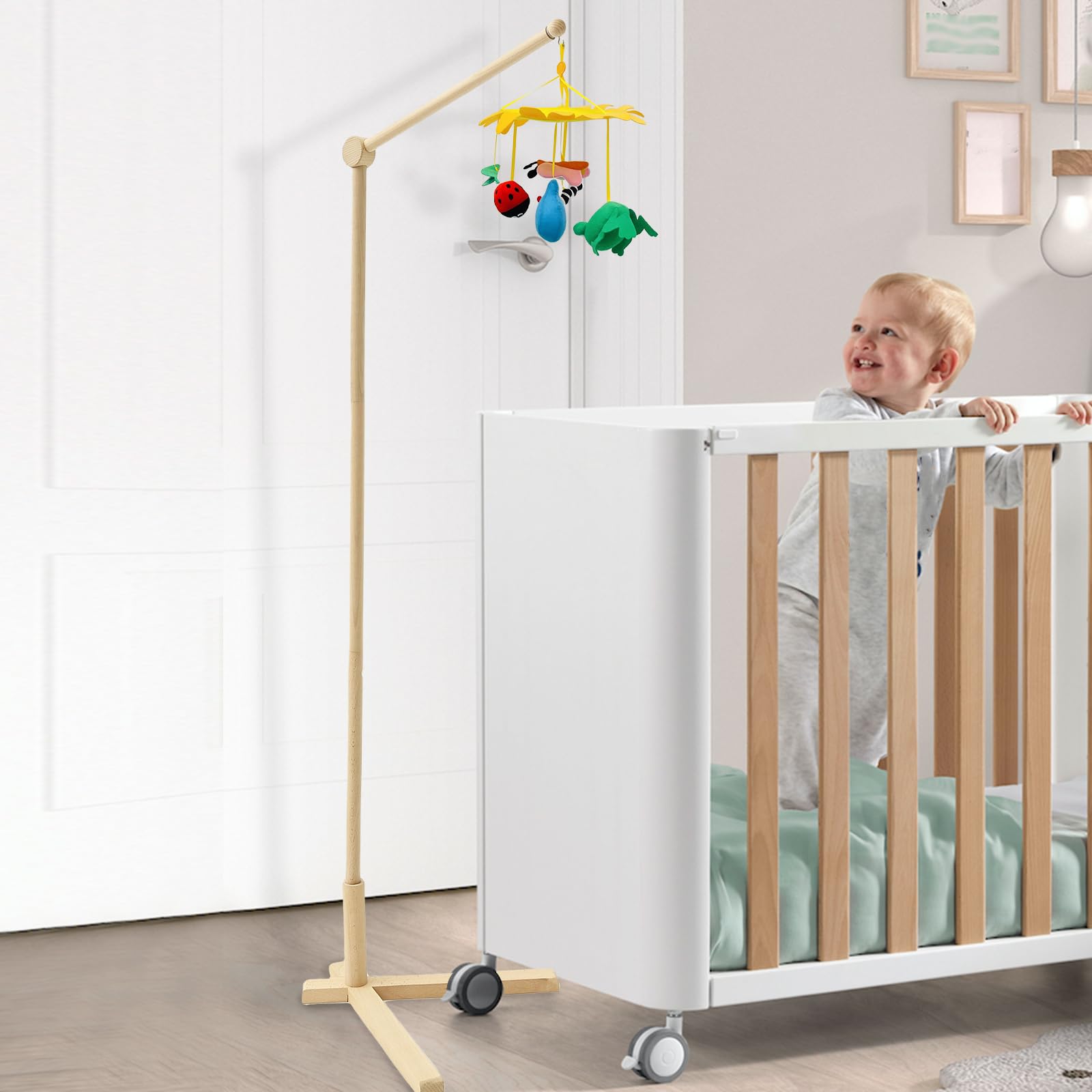 Support mobile lit de bébé en bois réglable 153,5cm barre suspension carillon