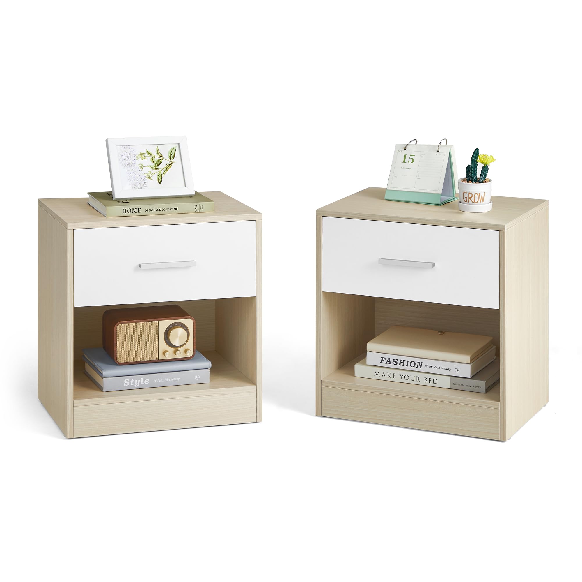 VASAGLE Nightstands, Set of 2, Side Tables with Drawer and Shelf, Bedside Tables, End Tables with Open Compartment, for Bedroom, Living Room, Natural Beige and Cloud White ULET819T67