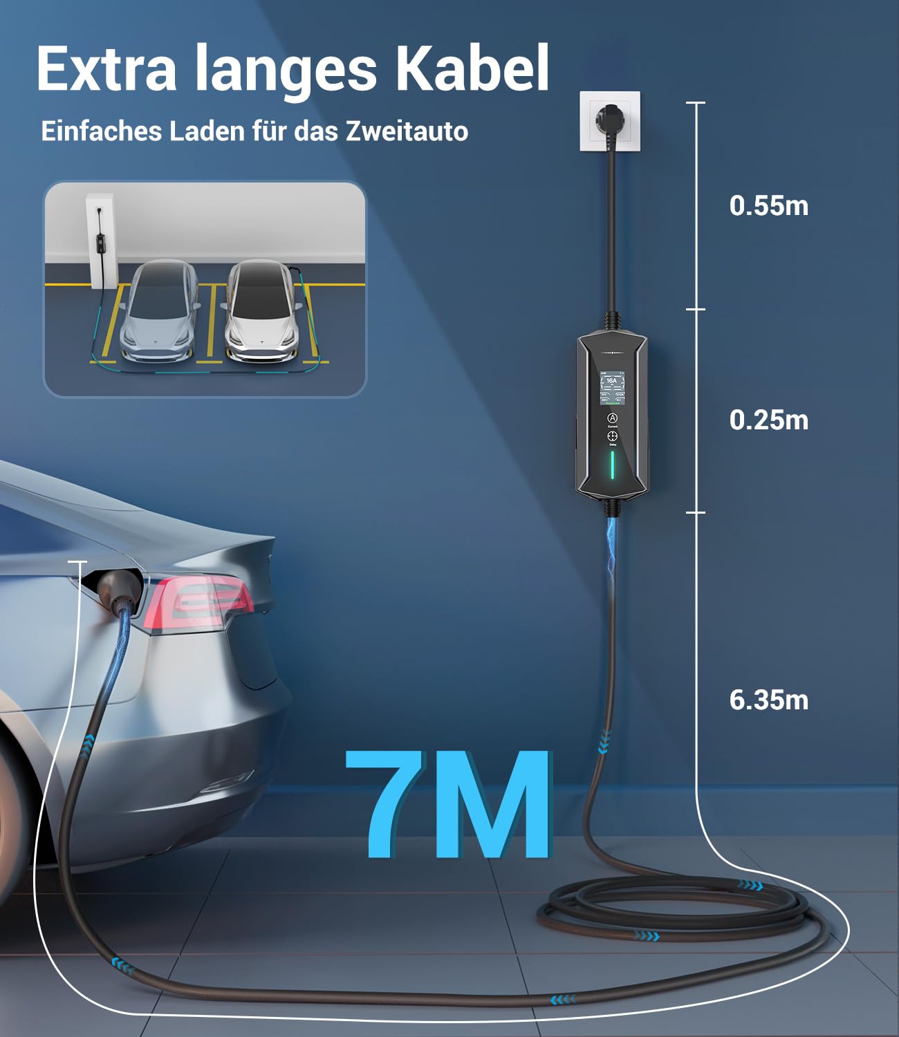 Typ 2 Ladekabel Schuko 3,7kW - 7m|6-16A|1-phasig Tragbare EV Ladegerät IP65 Wasserdicht mit LCD-Anzeige, Einstellbarer Ladeleistung, Einstellung Startzeit, für Allen EVs(IEC 62196-2) & PHEVS