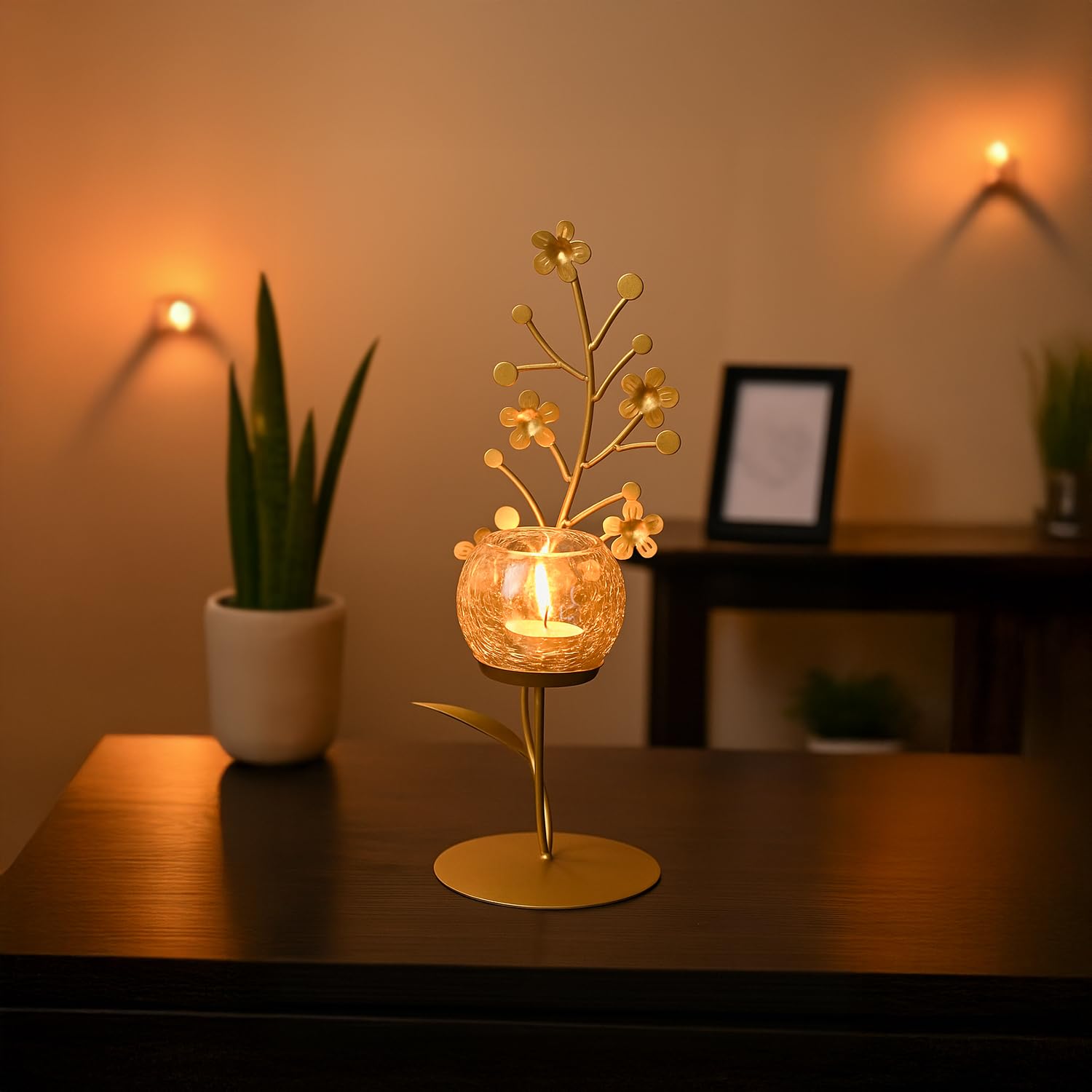 Golden Metal Glass Votive Holder - Elegant Candle Decor -9