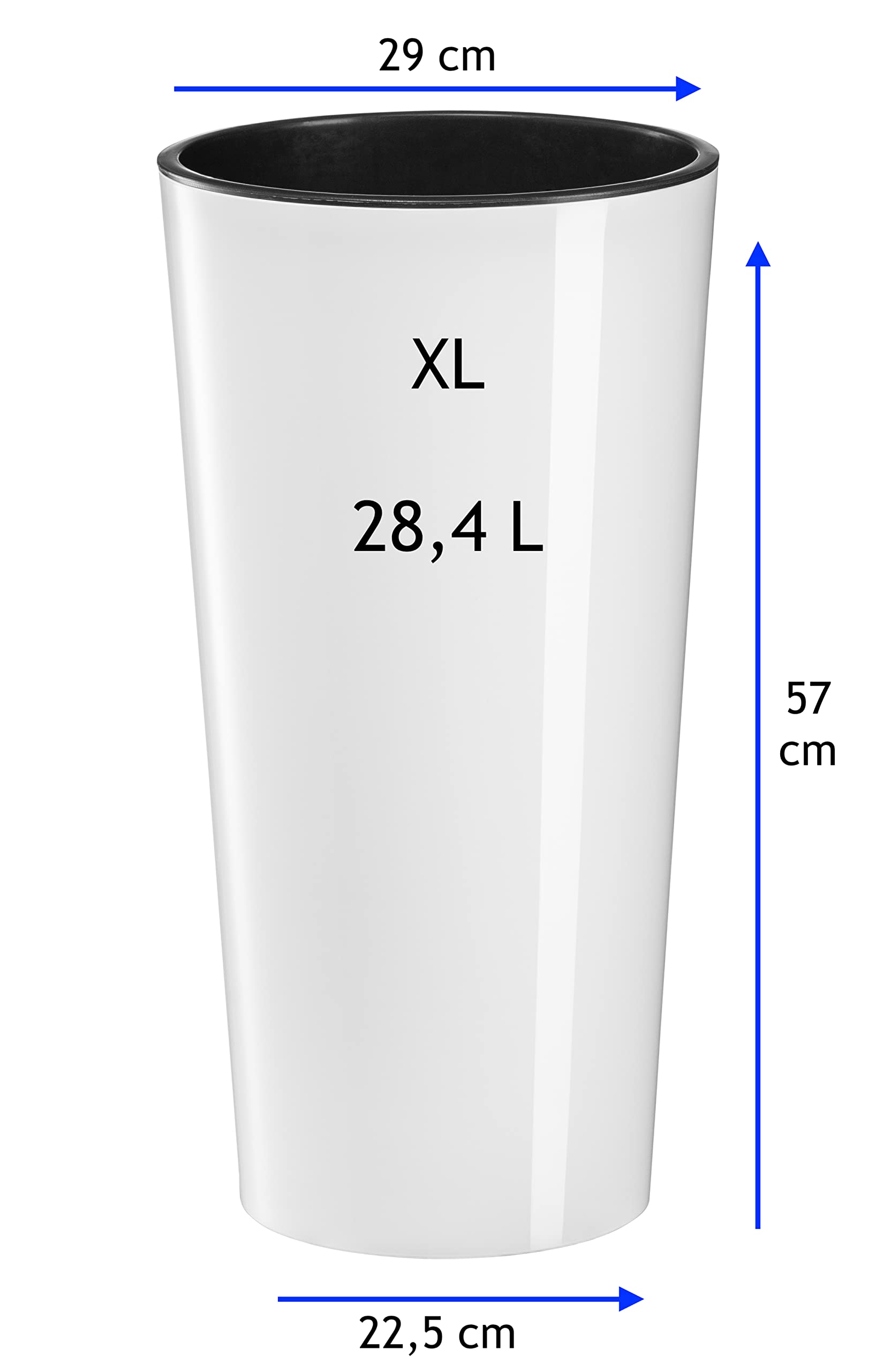 MELTOM Blumenkübel Rund Hochglanz Slim Blumentopf Pflanztopf mit Herausnehmbaren Einsatz (Weiß, XL + XXL)