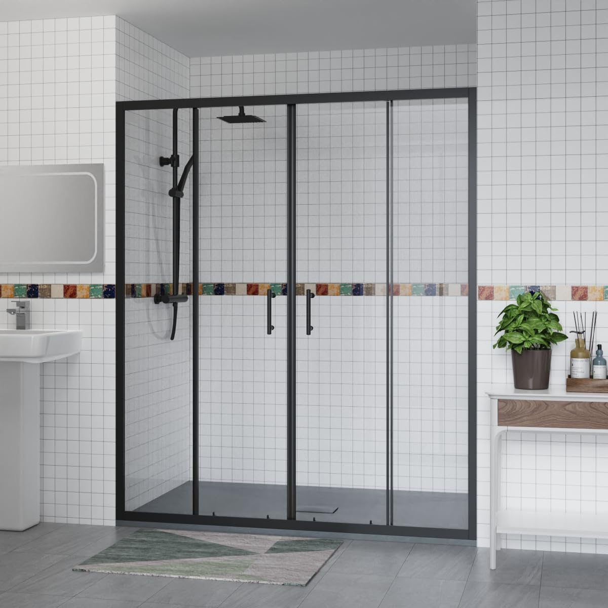 Aquariss 1600x800mm Sliding Shower Enclosure Black with Shower Tray