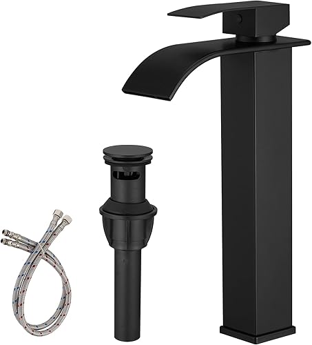 BWE Grifo de lavabo de recipiente negro con un solo orificio de acero inoxidable con boquilla de cascada, grifo de fregadero de lavabo de montaje en