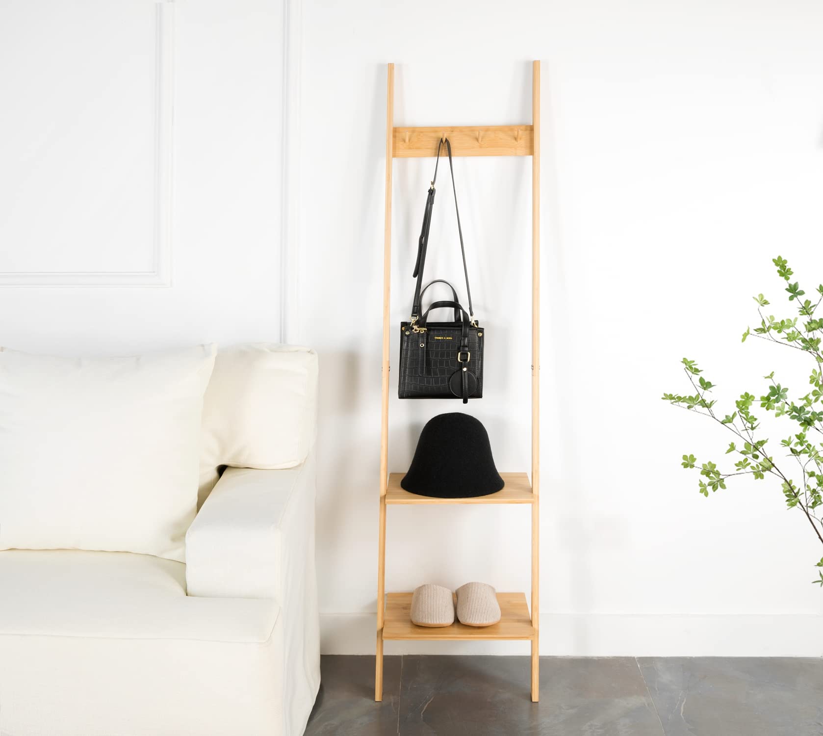 2-Tier Clothes & Hats Shelf, Wall-Leaning Bookshelf Open Shelves, Plant Flower Stand, Storage Display Organizer Rack, Multifunctional Bookcase for Living Room Home Office (Nature)