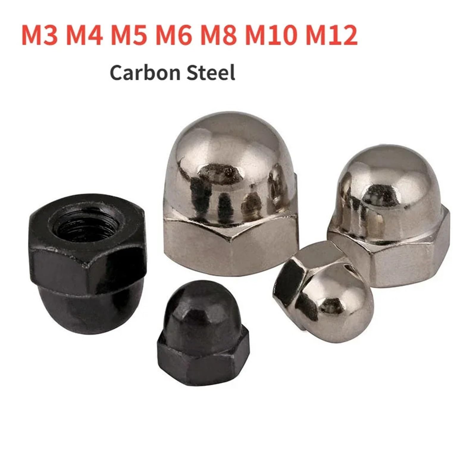 Sześciokątne nakrętki kołpakowe, Nakrętki żołędziowe ze stali węglowej M3-M12 czarne/niklowane Opakowanie 10+ sztuk(Black,M8-2pcs)