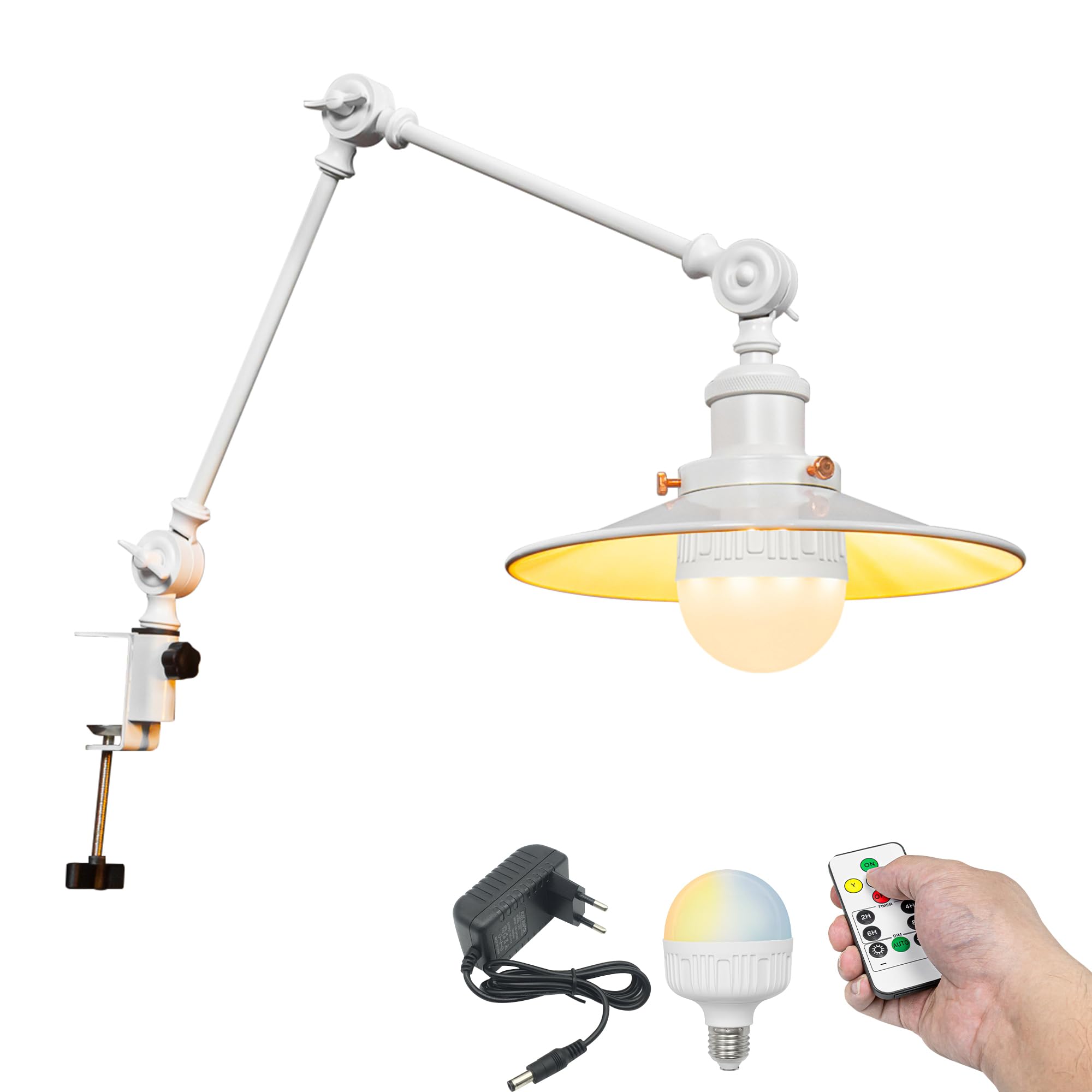 Wiederaufladbar Klemmleuchte mit Fernbedienung, Einstellbar Clip auf Schreibtisch Leselampe,Dimmbar Clamp Nachttischlampe mit Flexarm für Schreibtisch Nachttisch Regal- TB2773W