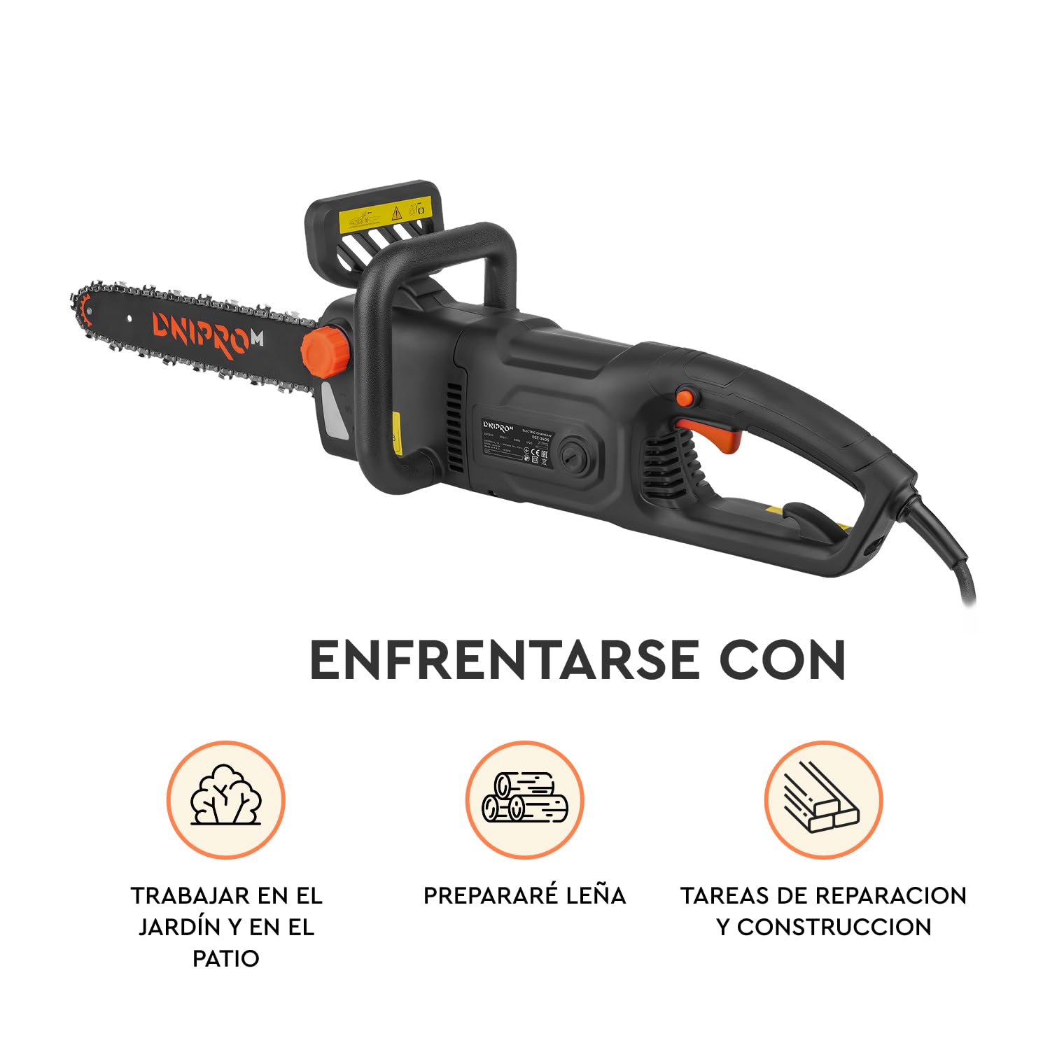 Motosierra Eléctrica 2400W Espada 40cm, para Poda, Corte de Troncos y Leña, Tensor de Cadena Sin Herramientas, Lubricación Automática, Arranque Suave, Freno de Cadena. DSE-24DS