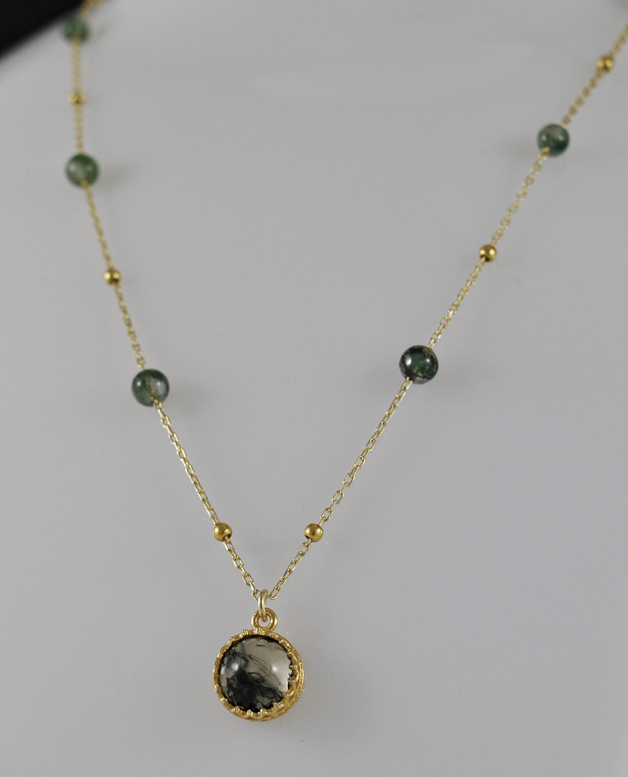 Goldkette Damen 925 - Moosachat - Kette - Halskette Damen - Geburtstag - Vergoldete Kette 45 cm - Geschenk für Sie - Schmuck Geschenk - Handmade