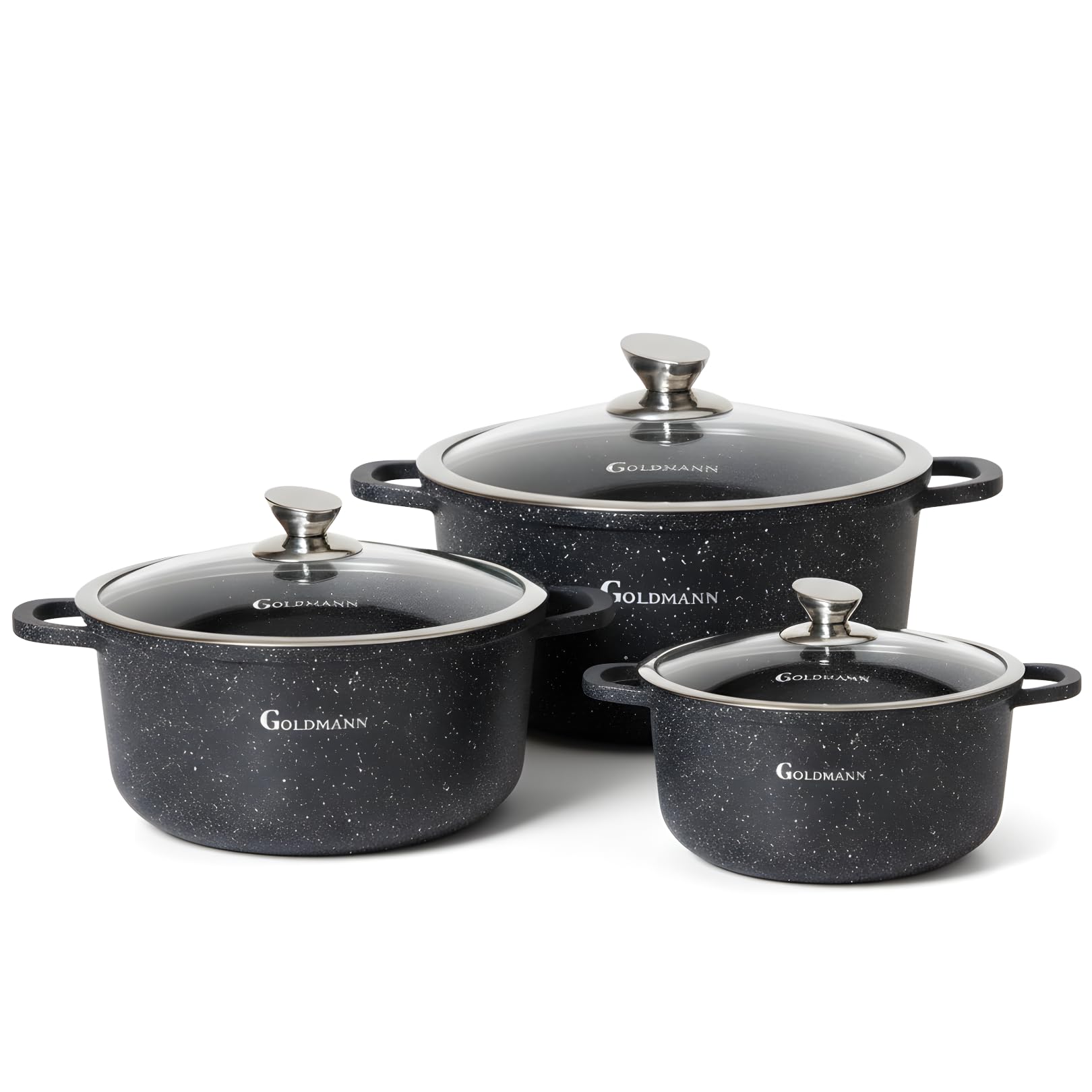 GOLDMANN 3-Piece Saucepan Set (20 x 24 x 28 cm) - Cast Aluminium Pots with Glass Lids, Non-Stick Marble Ceramic Coating, PFOA-Free, for Induction & All Hobs, Dishwasher & Oven Safe