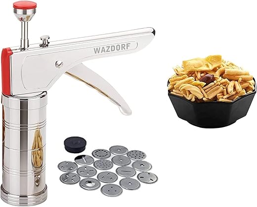 Wazdorf Stainless Steel Kitchen Press with 15 Different Types of Jalies, Murukku Maker/Bhujiya Maker/Noodles/Cookies/Namkeen/Chakali Maker/Sev…