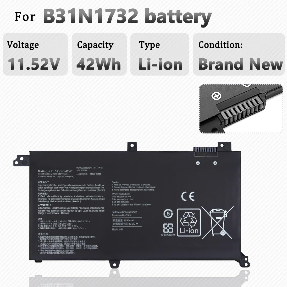 B31N1732 B31N1732-1 Batterie pour ASUS VivoBook FX571GT FX571LI X571G X571GT X571L X571LH K571G F571G F571GT S430U A571G X430UA RX571LH NX571LH S430F X430U X430FA K430F S571GT K571GT 42Wh