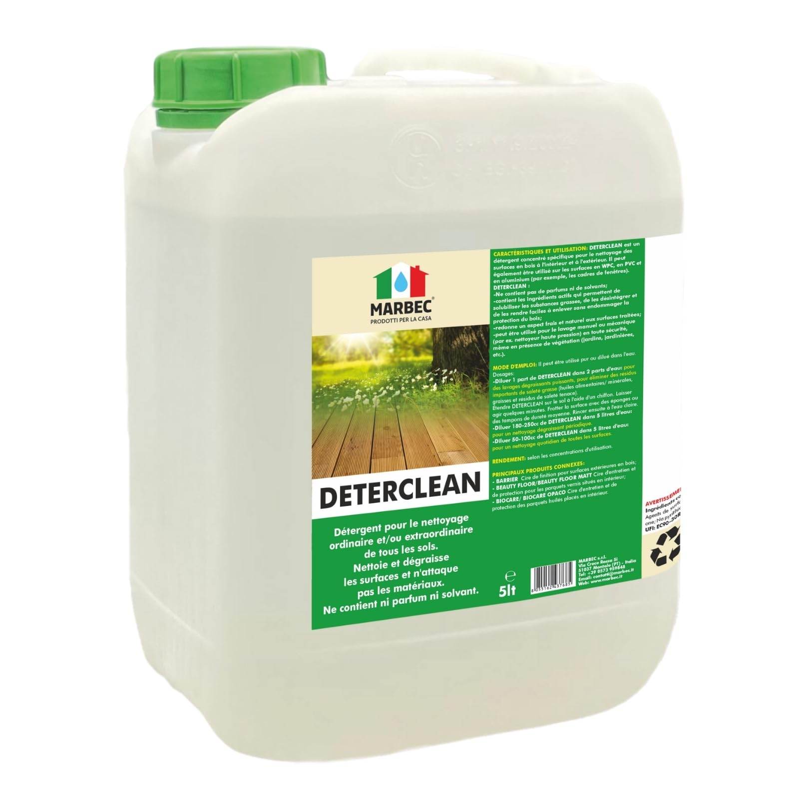 MARBEC DETERCLEAN 5LT Détergent concentré pour bois, WPC, PVC et aluminium, dégraissant efficace, non agressif, ravive les surfaces et laisse un aspect frais et naturel