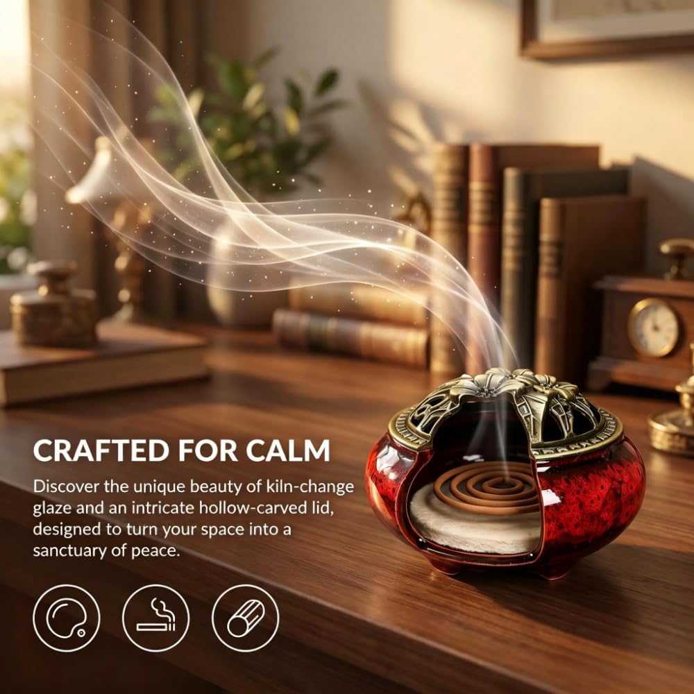 Ceramic Incense Burner with Lid, Red Glaze Vintage Incense Holder Set, Aromatherapy Censer with Metal Cover & Accessories, Ash Catcher for Home Meditation Yoga Decor Gift