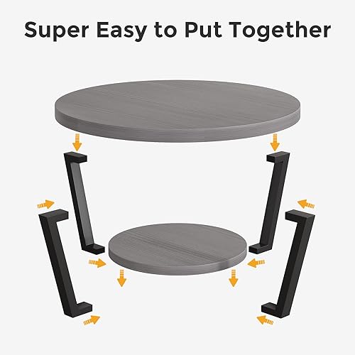 Miniatura 7 de Mesa de centro redonda con estante de almacenamiento, mesa central de madera de 2 niveles, muebles industriales modernos de sala de estar, gris