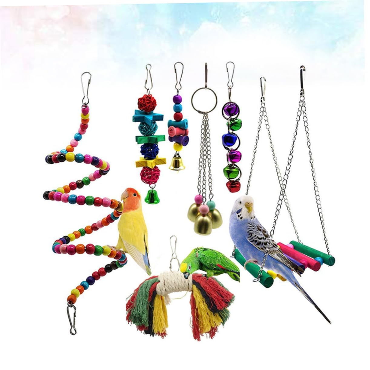 FRCOLOR Columpio de juguete para animales, 21 piezas, columpio de madera, suministros para loro, columpio, juguetes para jaulas de pájaros, juguetes para mascotas, ajuste giratorio de madera de bambú