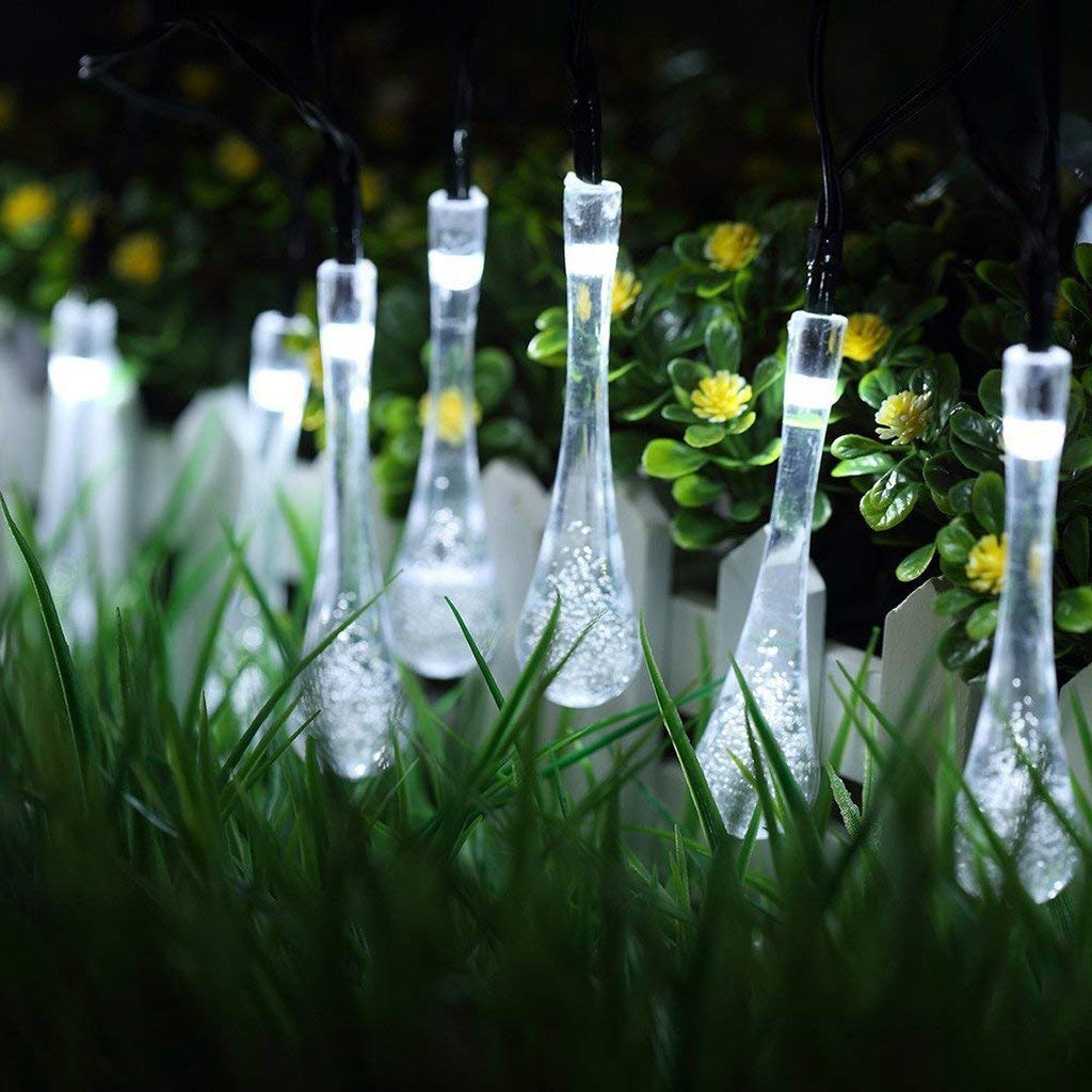 SHANJIA Outdoor Solar String Lights, 5m 20 LED Waterdrop Outdoor Fairy String Lights, 8 Lighting Modes, for Fence Yard Summer Party Wedding Decoration (White) — image 1