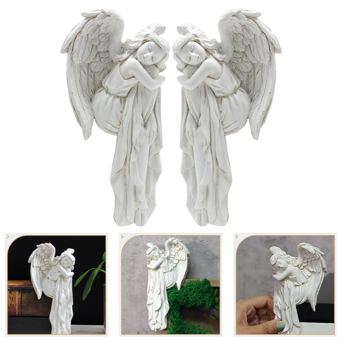 Housoutil Decorazione per Angolo Porta 2 Statue di Angeli Dormienti in Resina Bianca, Design Classico per Atmosfera Accogliente e Decorazioni Natalizie