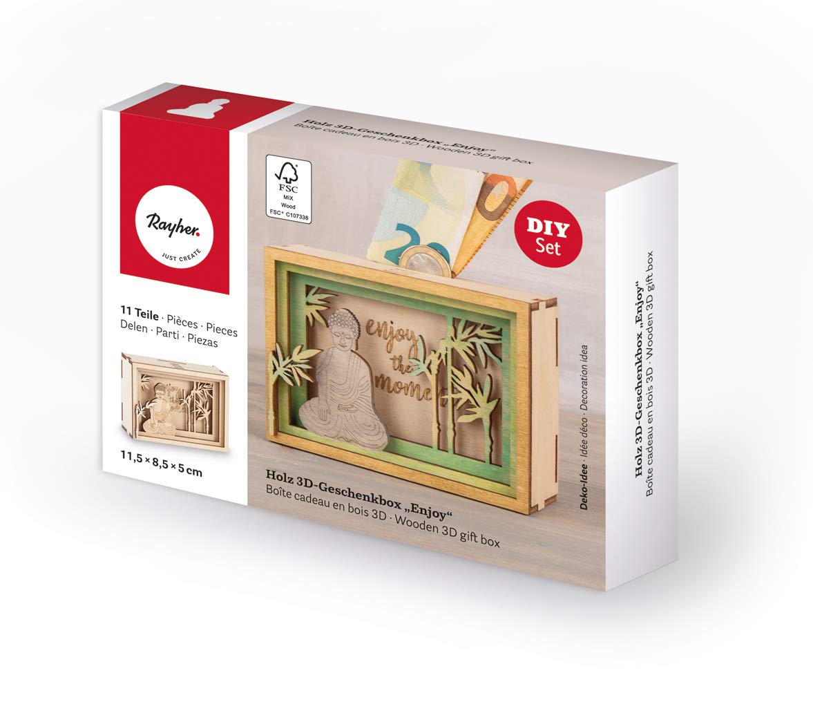 Rayher Wood 3D Gift Box Enjoy, FSCMixCred, Natural, 11,5x8,5x5cm - Image 2